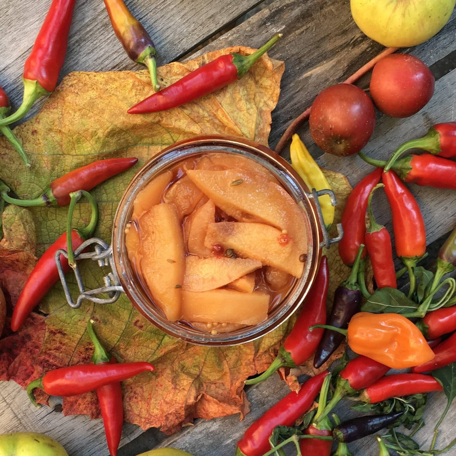 A canning jar with pickled preserved quince on a wooden table surrounded by a selection of red, orange and black chillies and green-red apples.