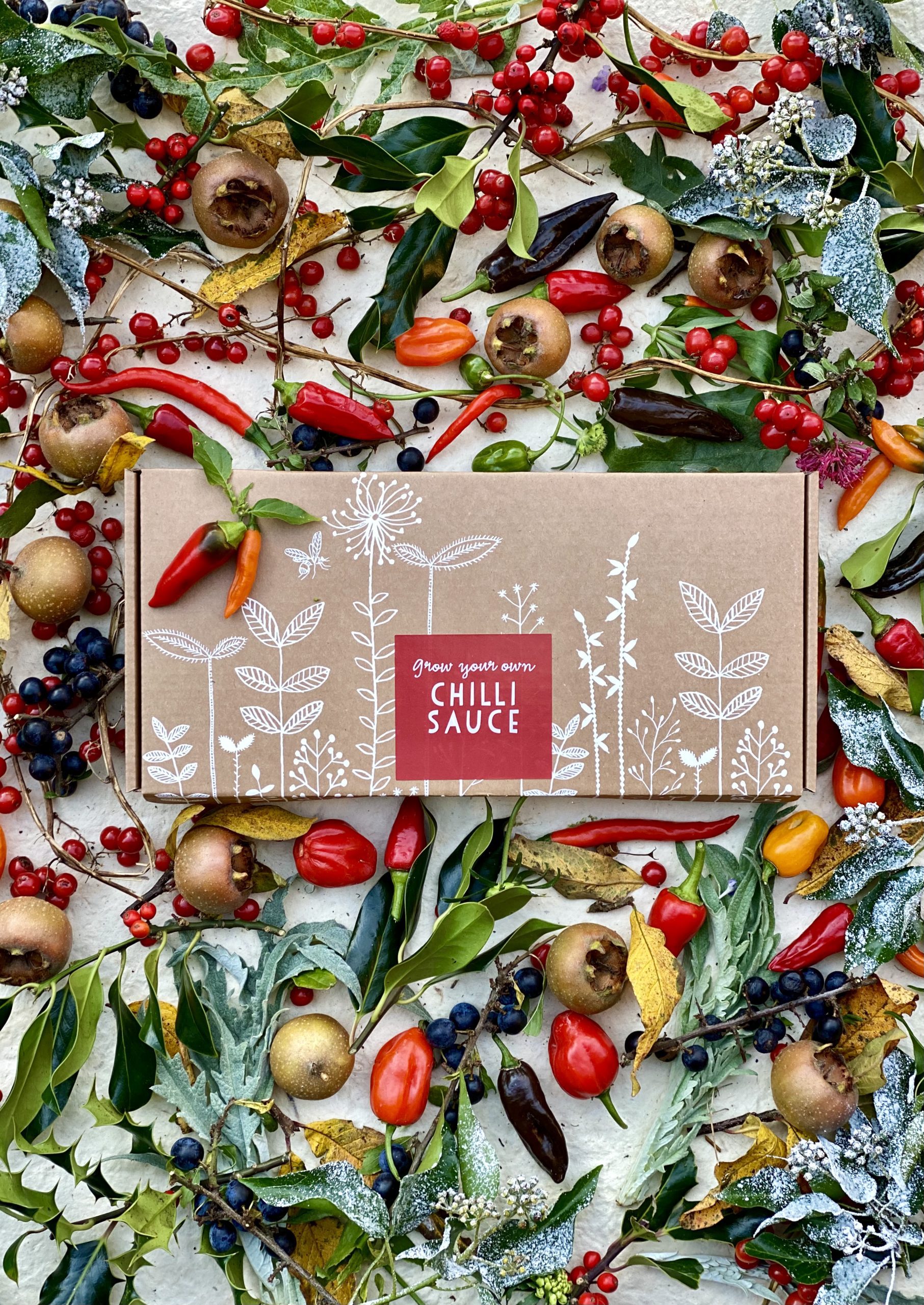 A decorated presentation box surrounded by a selection of herbs, fruits and leaves wildly spread across a white table. amongst them are crabapples, habanero chillies, serrano chillies, red berries, black berries.