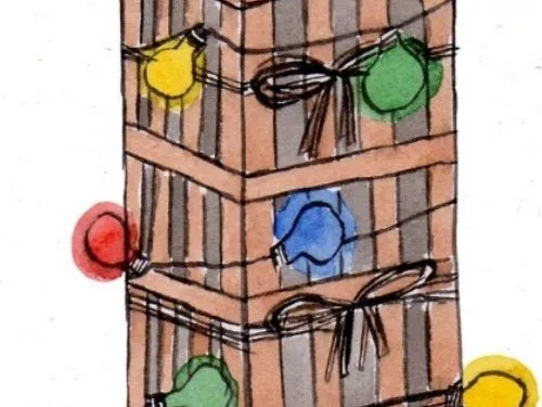 Illustration of a wooden gift crate decorated with colourful Christmas lights.