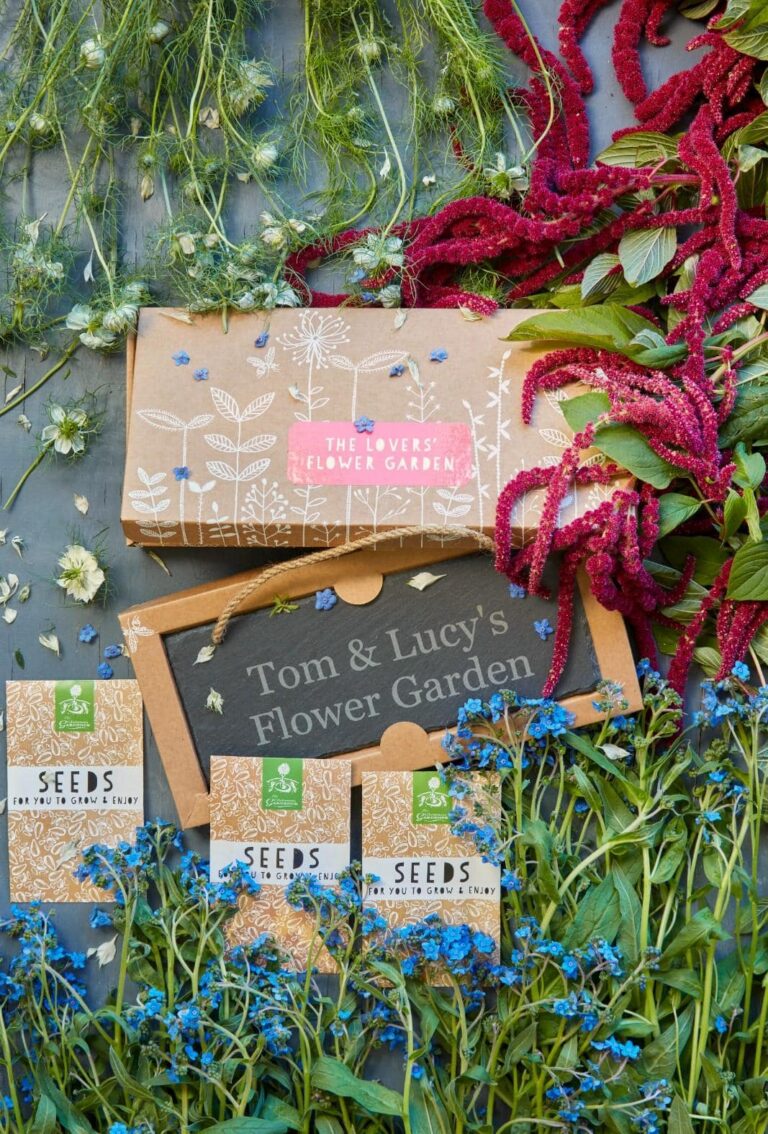 A beautiful composition of a decorated cardboard gift box for a lovers' garden with a personalised large hanging garden slate, a trio of packets of seeds with a bunch of blue forget-me-nots on the bottom. a big bunch of deep pink Amaranthus flowers on the right and a bunch of Nigella flowers on the top.