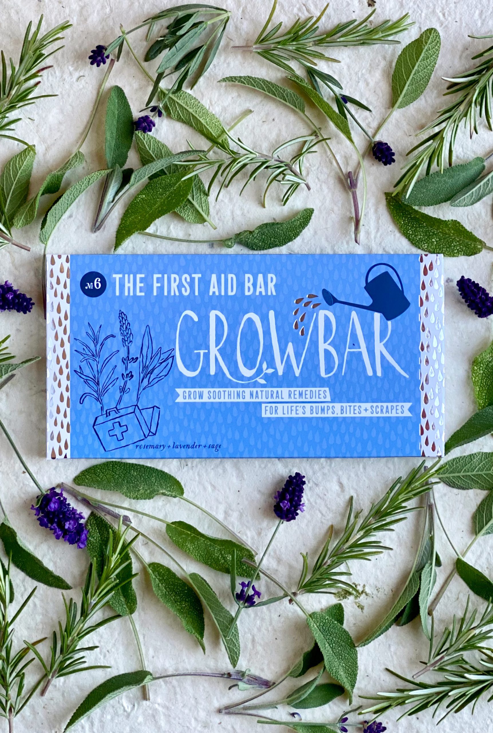 A bright blue illustrated Growbar package surrounded by fresh green twigs of Rosemary, Sage and deep purple Lavender flowers.