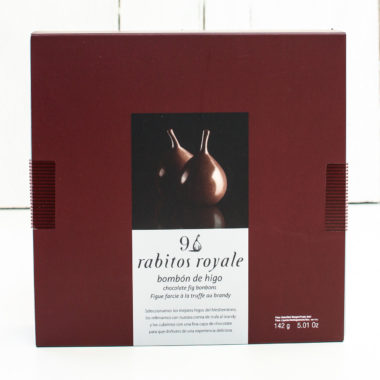 A burgundy coloured box of rabitos royale chocolate figs.