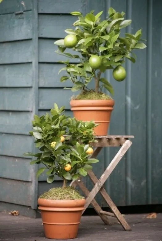 A calamondin orange in a terracotta pot, with large green leaves and small ripe oranges and a wooden stool behind with a lemon tree in a terracotta pot. bearing large green unripe lemons.