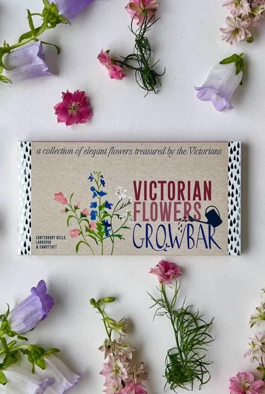 A grey colored growbar package for growing victorian flowers with an arrangement of flowers of Canterbury Bells, Larkspur & Candytuft in pink and purple colours placed around the growbar.