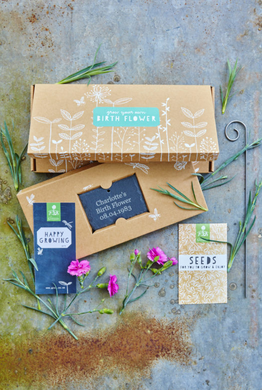 A beautifully decorated cardboard gift box for growing birth flowers with a personalised engraved garden slate. a packet of seeds and a gift card with arrangement of pretty pink 'Pink' flowers and green leaves decoratively framing the gift set.