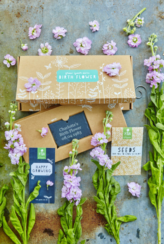 A beautifully decorated cardboard gift box for growing birth flowers with a personalised engraved garden slate. a packet of seeds and a gift card with arrangement of pink stock flowers decoratively framing the gift set.