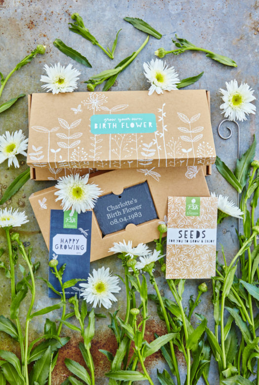 A beautifully decorated cardboard gift box for growing birth flowers with a personalised engraved garden slate. a packet of seeds and a gift card with arrangement of white Chrysanthemum flowers decoratively framing the gift set.