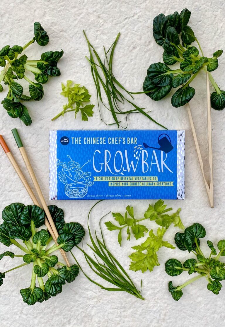 A blue chinese chef's growbar surrounded by twigs of fresh chinese chives, leaves of chinese celery and tatsoi.