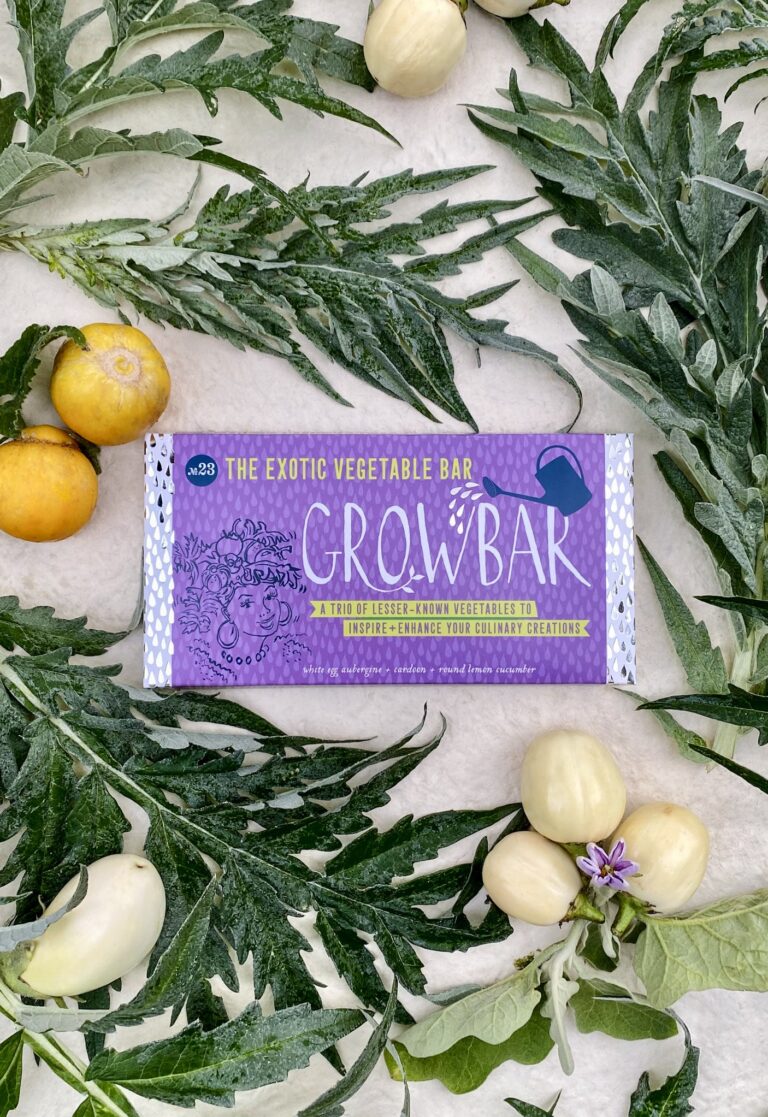 A purple exotic vegetable growbar surrounded by white egg aubergines with leman cucumber and cardoon green leaves.