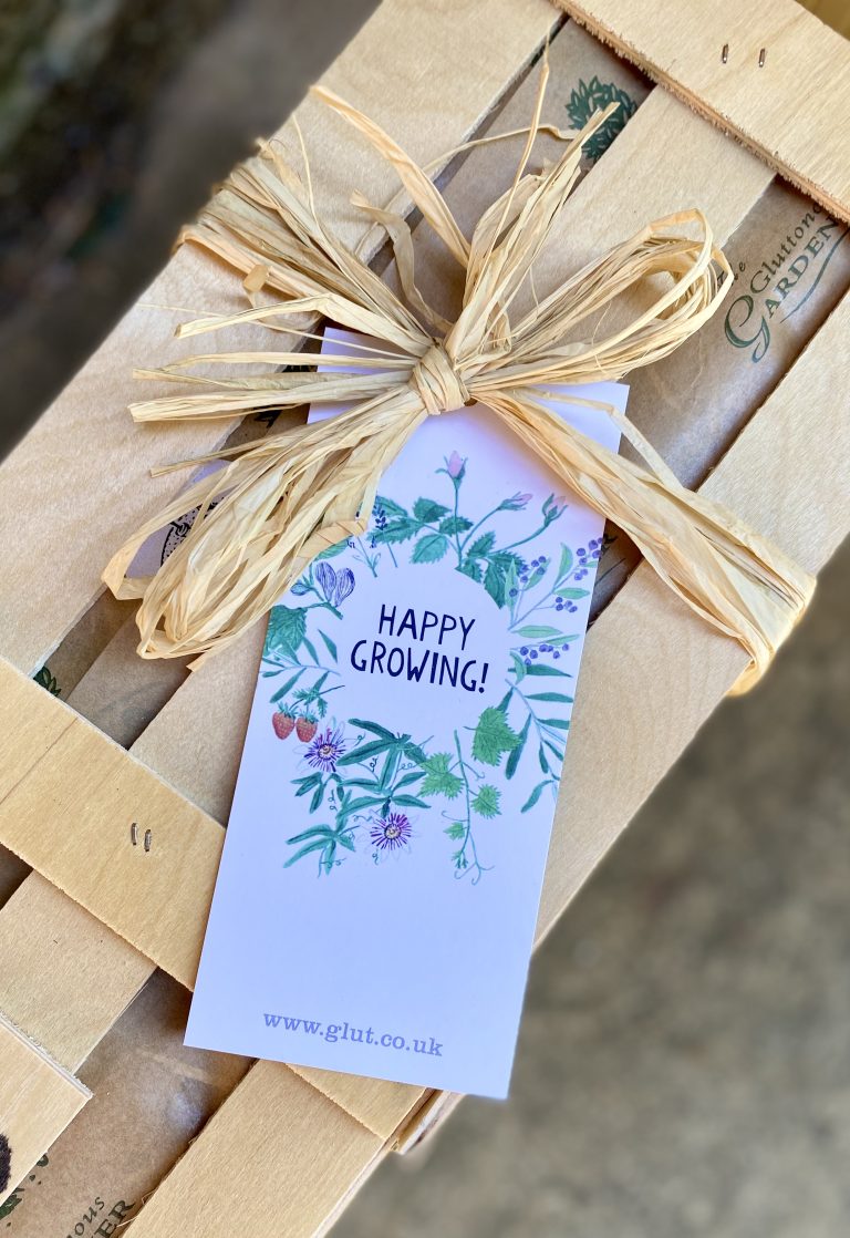 wooden gift crate with a ribbon and a gift card.