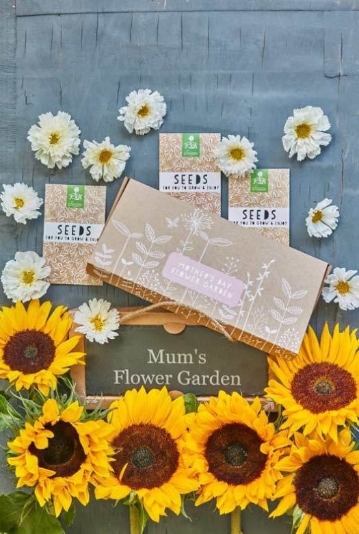 A beautifully decorated cardboard gift box for mothers day with a trio of seed packets and a personalised large hanging garden slate framed by large heads of yellow sunflowers and white flower heads of Chrysanthemum.