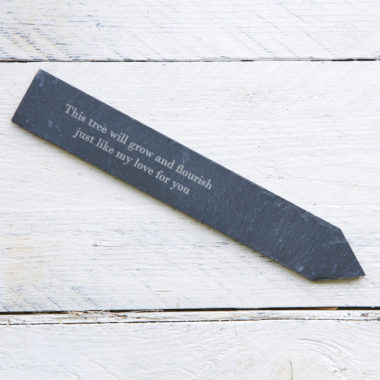 A personalised engraved slim garden slate stake.