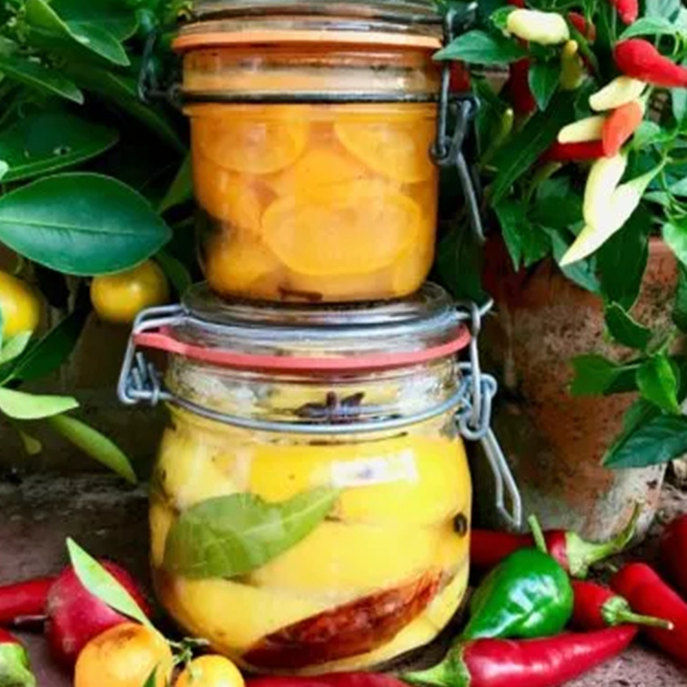 Two canning jars stacked upon each other, containing preserved lemons and oranges. surrounded by red and green chillies and a potted chilli plant on the left side and an orange plant on the right side.