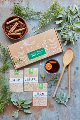 A decorated cardboard presentation box for Christmas Cooking with a collection of a trio of seed packets, a small jar with cinnamon sticks, two wooden cooking spoons and a glass of mulled wine with orange slices as well as some loose twigs of Thyme, Rosemary and Sage framing the gift box collection.