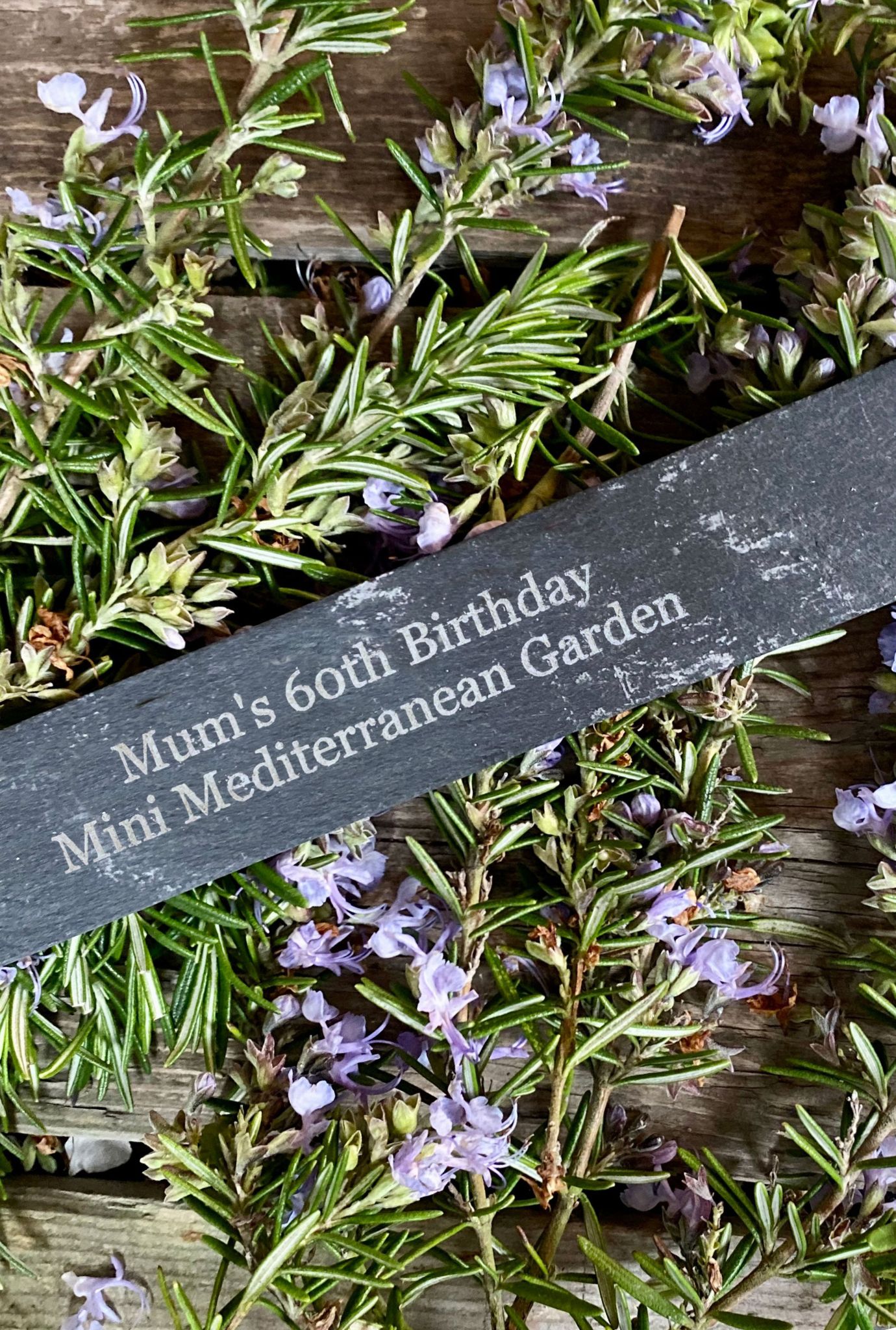 Personalised slate label amongst purple flowering plants.