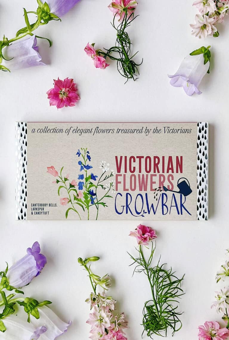 A grey coloured growbar package for growing victorian flowers with an arrangement of flowers of Canterbury Bells, Larkspur & Candytuft in pink and purple colours placed around the growbar.