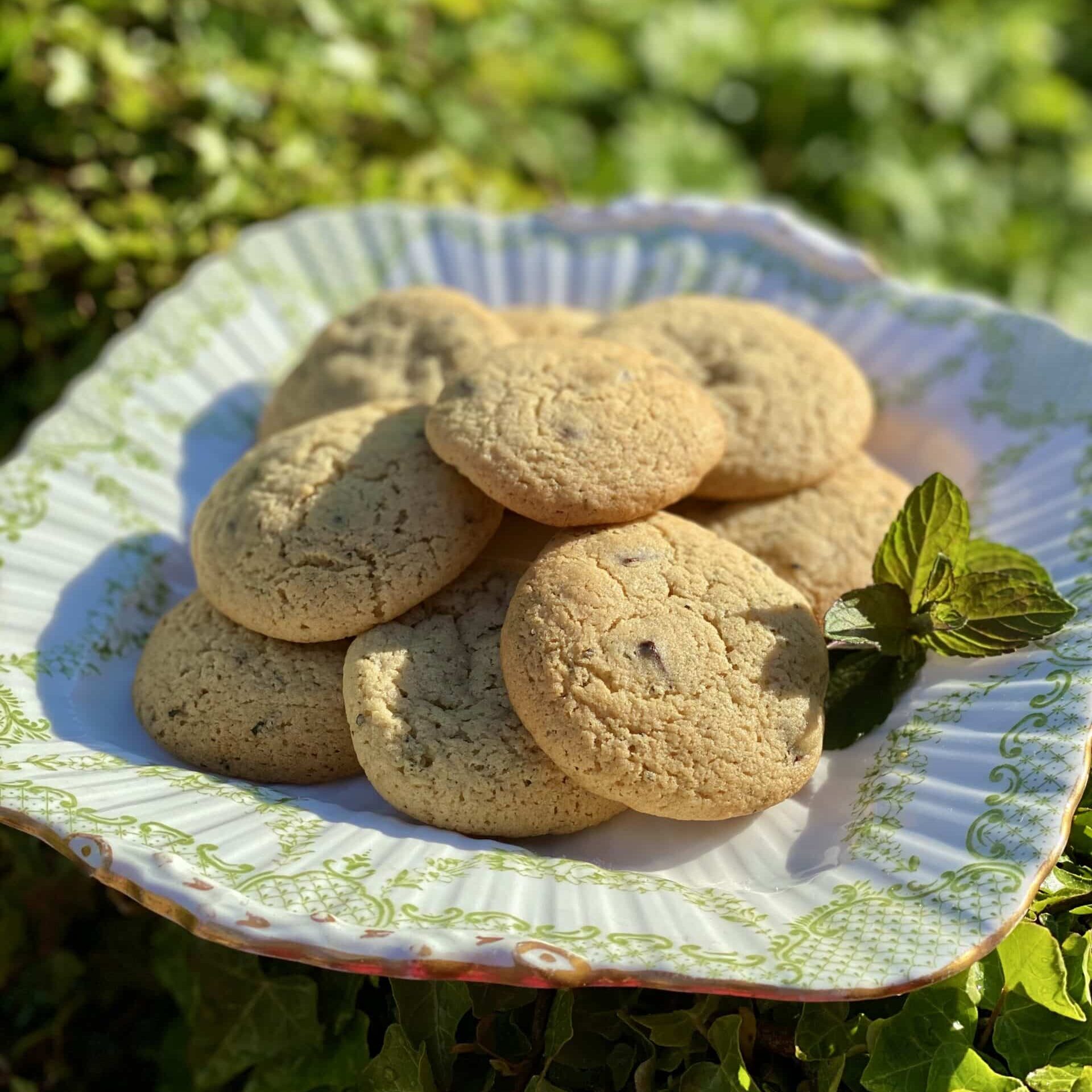 A small ceramic plate with four round chocolate chip cookies/ biscuits paired with two cups of black tea with milk on a wooden tray.