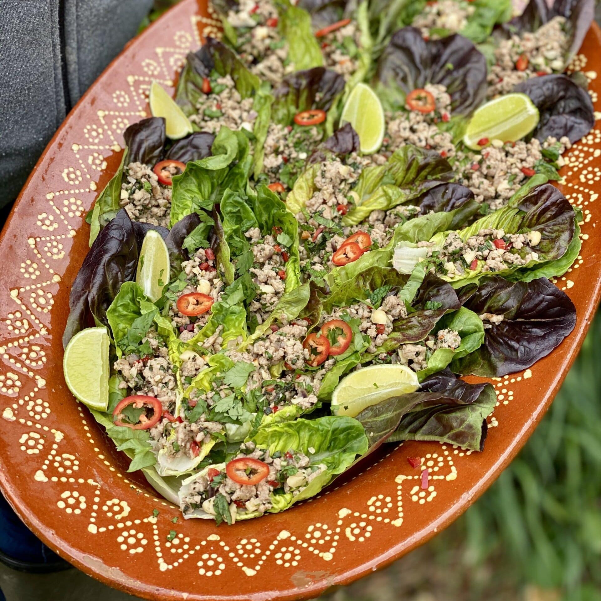 A red decorated plate with a Thai Larb salad meal containing green and purple salad leaves, basil leaves, mint leaves, coriander leaves, a pork - and peanut larb, sliced red chillies and slices of green limes.