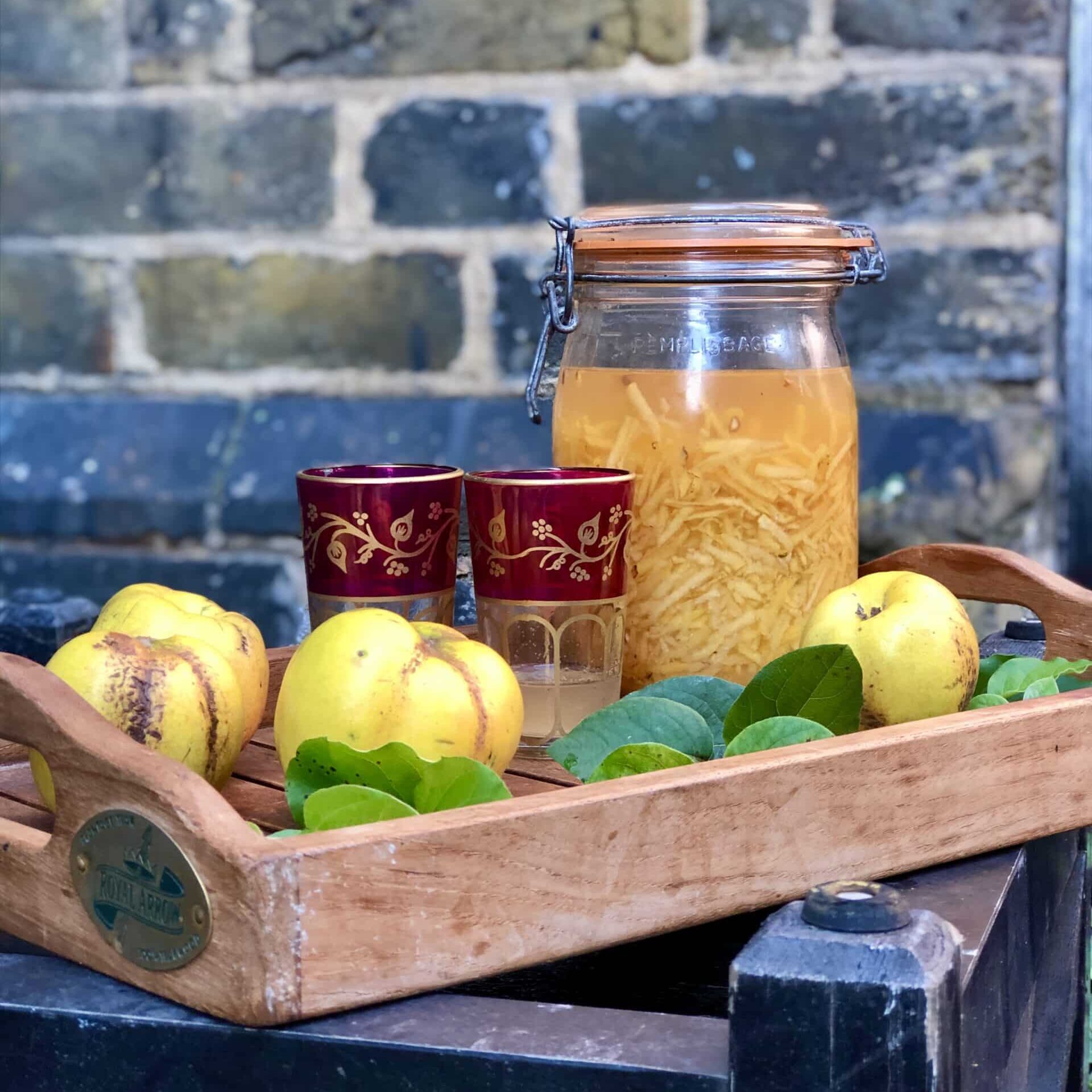 A wooden tray with canning jar filled with sliced quince and a liquid next to a pair of two vodka glasses and a few fresh yellow quince fruits.