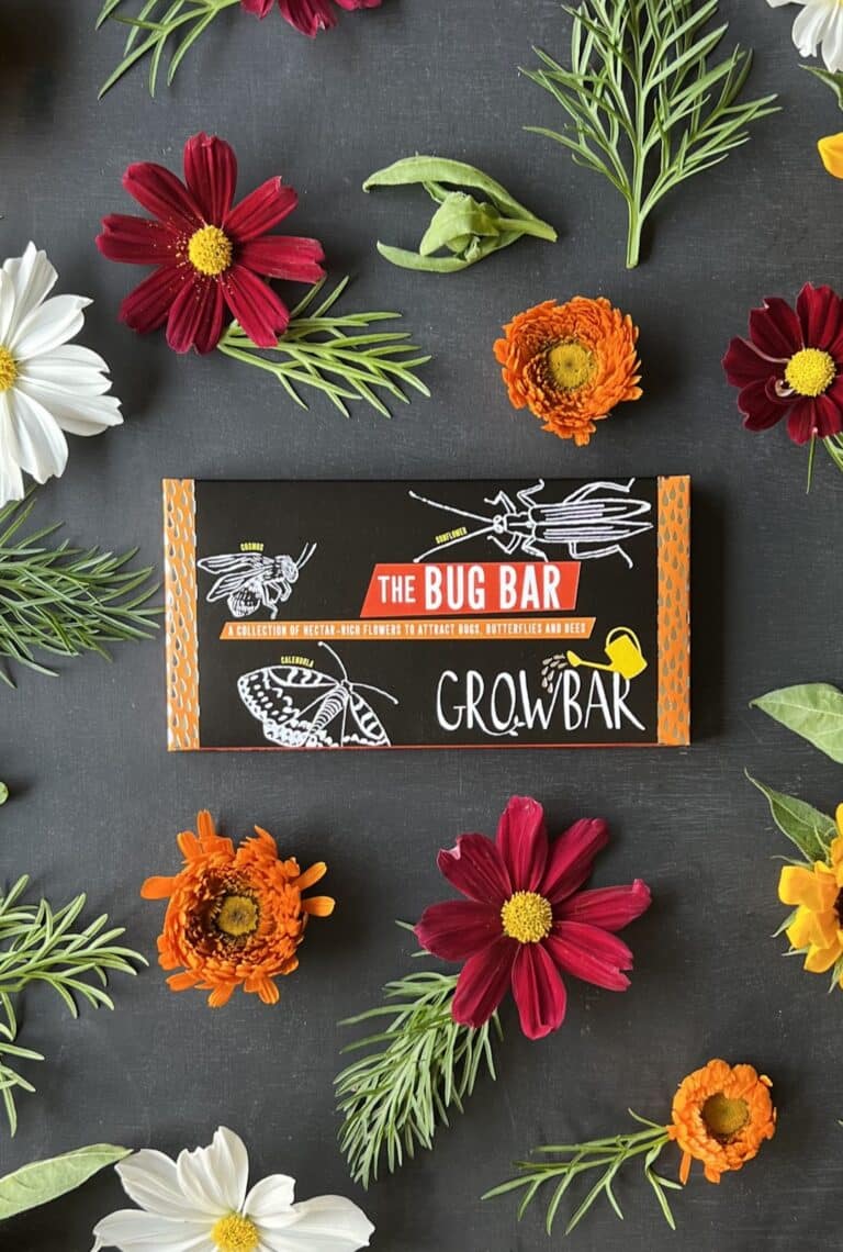 The Bug Growbar on black background displayed with different flowers from the bar.