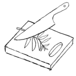 Illustration of a knife chopping up a herb on a chopping board.