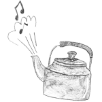 Illustration of a kettle with steam blowing musical notes.