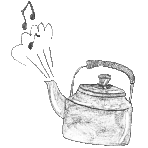 Illustration of a kettle with steam blowing musical notes.
