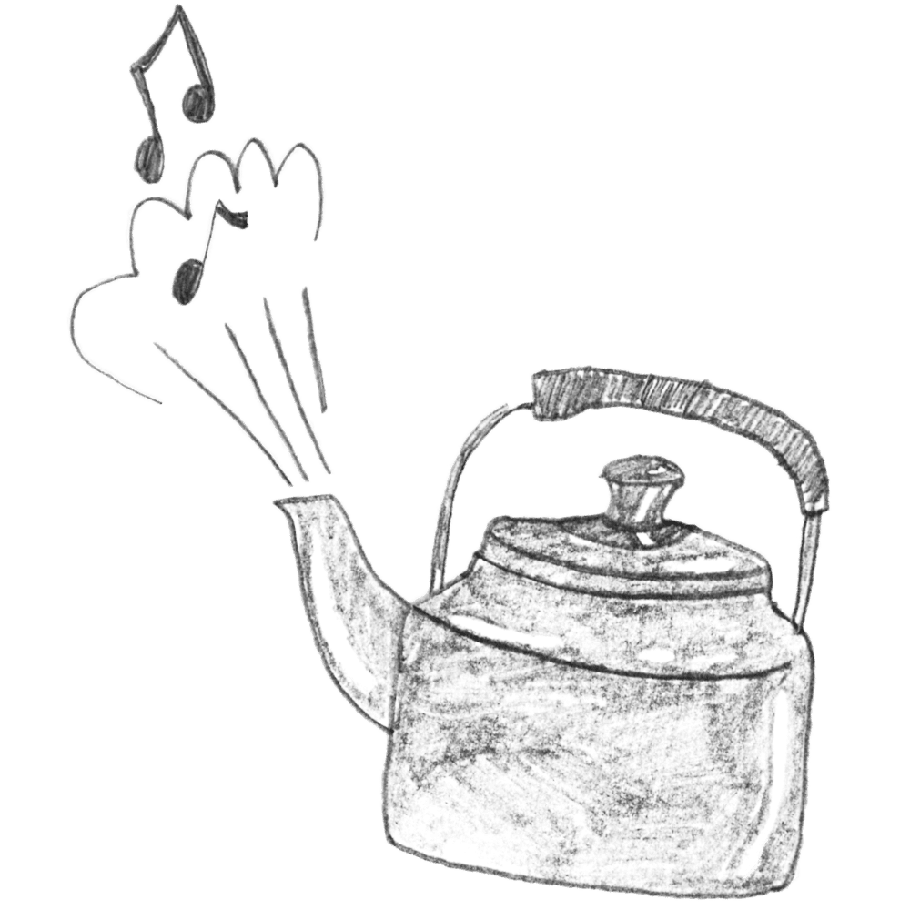 Illustration of a kettle with steam blowing musical notes.