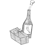 Illustration of a box of chocolates and a bottle of prosecco with the cork flying off.