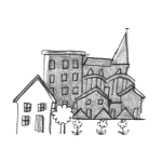 Illustration of a town skyline with flowers growing.