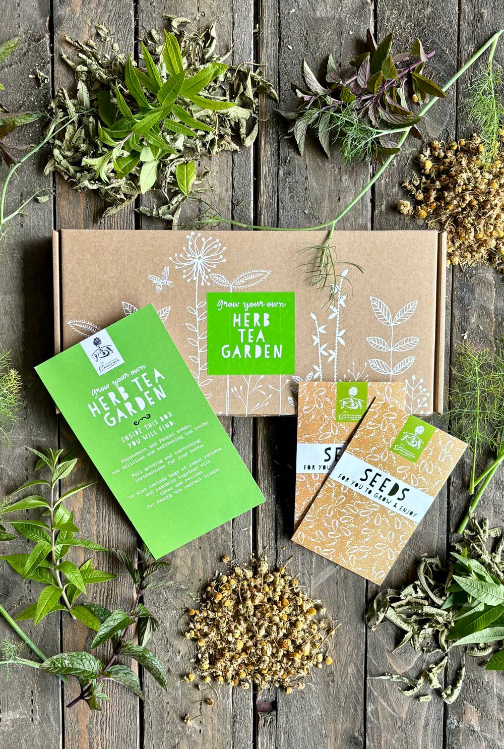 Get Well soon Garden Kit surround by dried chamomile, peppermint, lemon verbena and fennel on a wooden background.