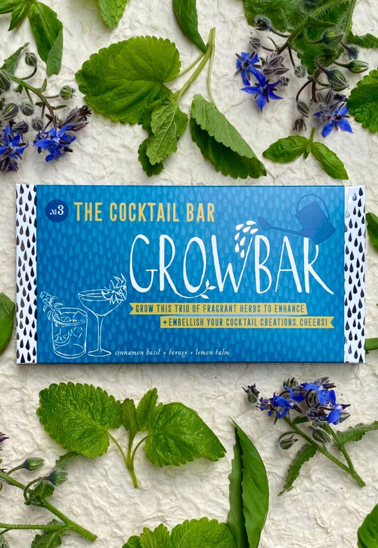 A blue growbar packet for growing cocktail herbs surrounded by fresh cinnamon plants, lemon balm leaves and purple borage flowers.