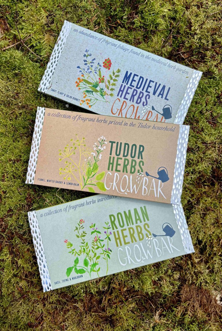 Historical herbs collection of Growbars to grow your very own herb garden. Photographed on a bed of moss.