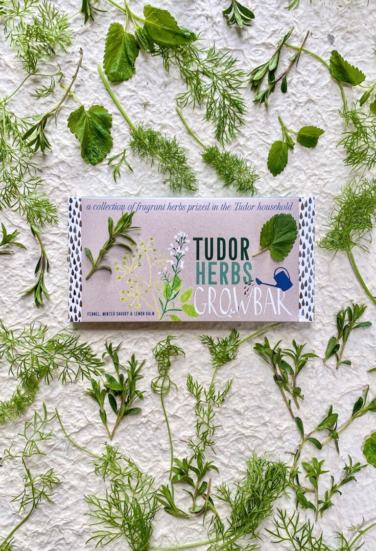 A lilac growbar for growing tudor herbs with green leaves of Fennel, Winter Savory & Lemon Balm.